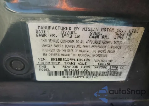 2000 Nissan Sentra Se z USA, uszkodzony, nr VIN 3N1BB51D9YL105140